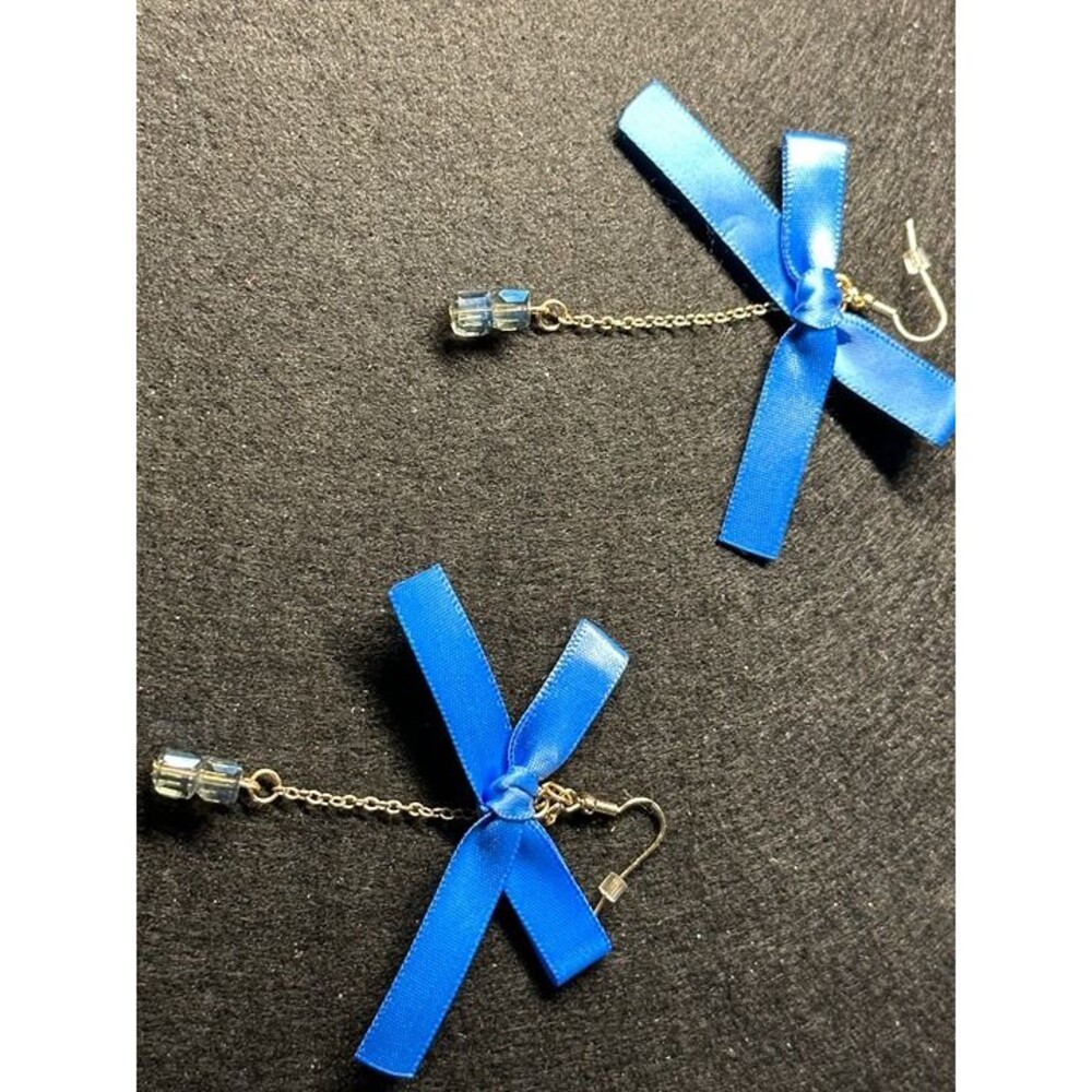 blue ribbon bow dangle earrings with crystal bead drop statement jewelry nwt